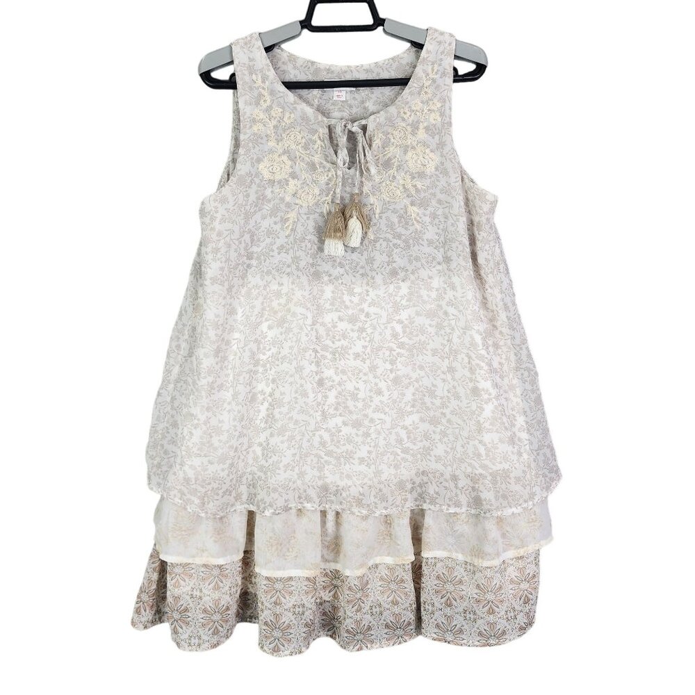 Women's  Beige & White Xhilaration Floral Dress Sleeveless Layered Size XS